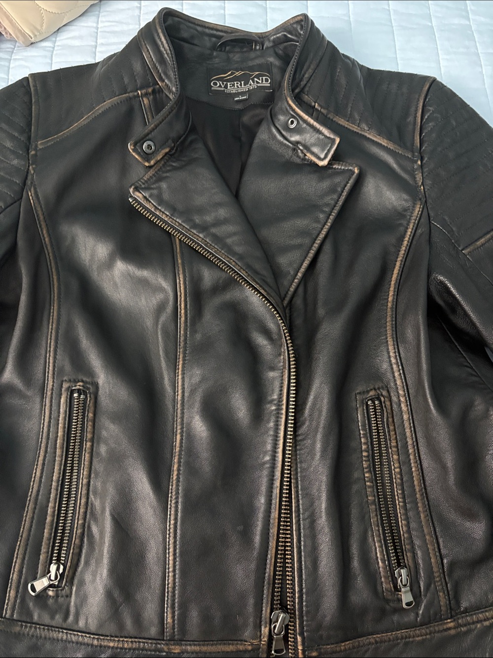 Women's Overland Sheepskin Chelsea Black Leather Moto Jacket (L)